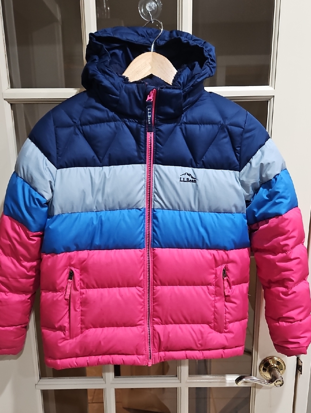 L.L. Bean Kids Hooded Colorblock Puffer Jacket - Navy, Gray, Blue & Pink